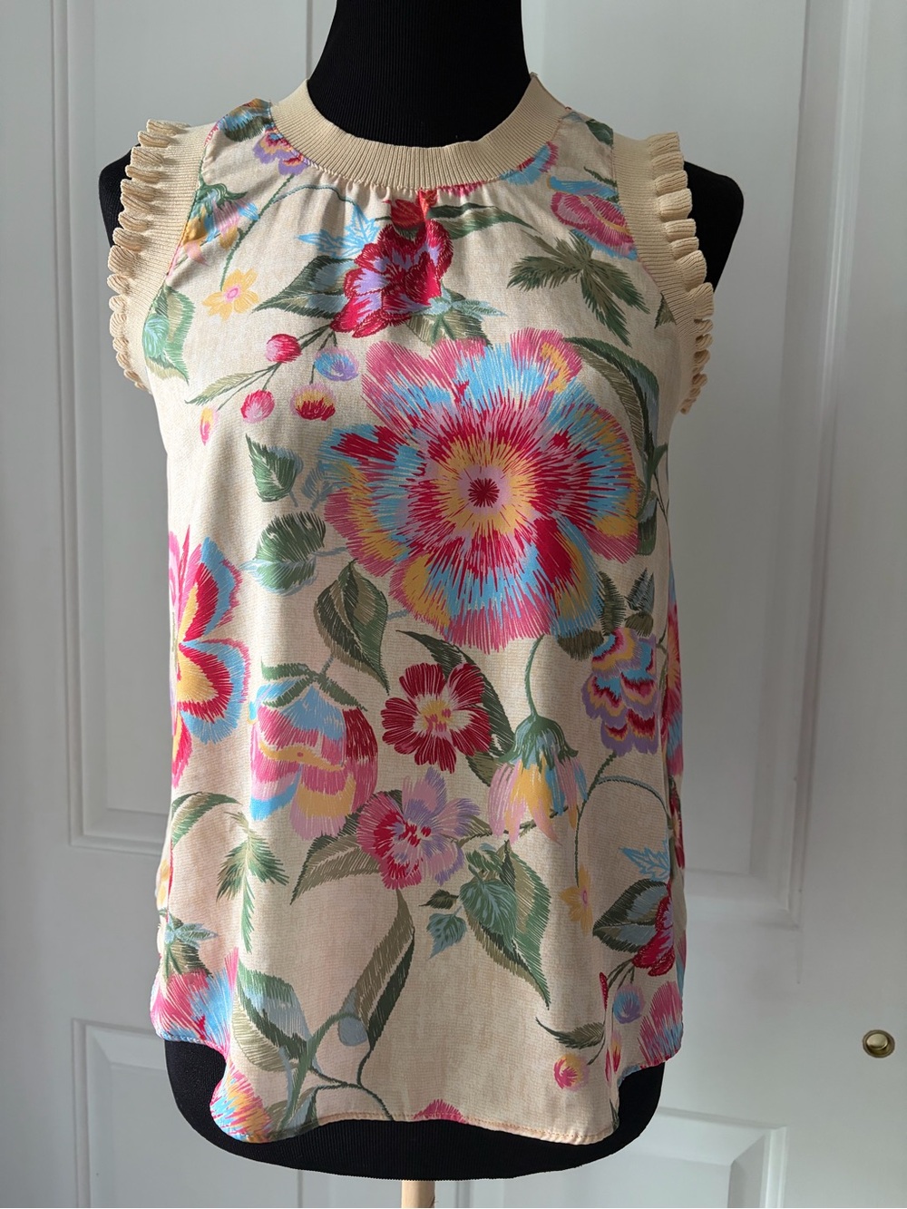 Skies Are Blue Cream Floral Ruffle-Trim Sleeveless Top